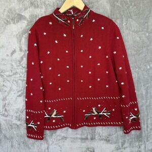 Christopher‎ Banks Holiday Sweater Womens Size L Red Christmas Bird Embroidered